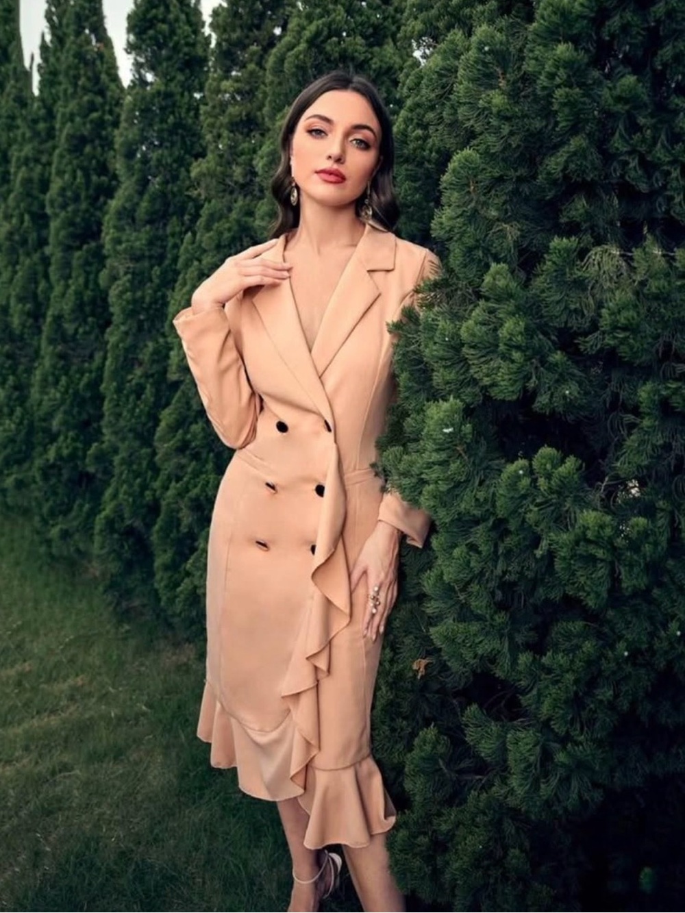 Elegant Peach Ruffle-Trim Midi Dress